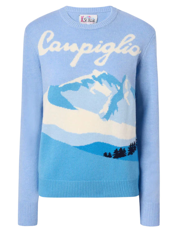 MC2 SAINT BARTH MAGLIONE NEW QUEEN IN MISTO CASHMERE AZZURRO CON JACQUARD CARTOLINA CAMPIGLIO