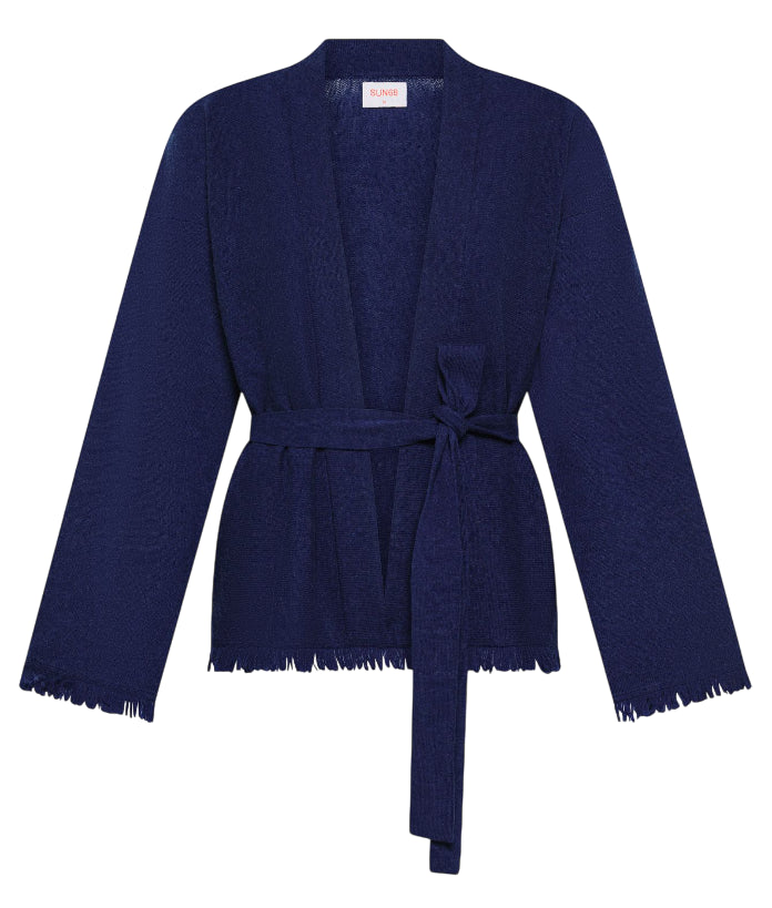 SUN68 CARDIGAN IN LANA E CASHMERE CON FRANGE BLU PROFONDO