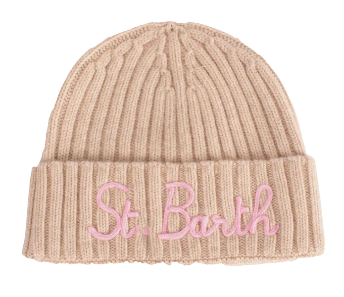 MC2 SAINT BARTH BERRETTO DONNA BEIGE CON RICAMO ROSA ST. BARTH