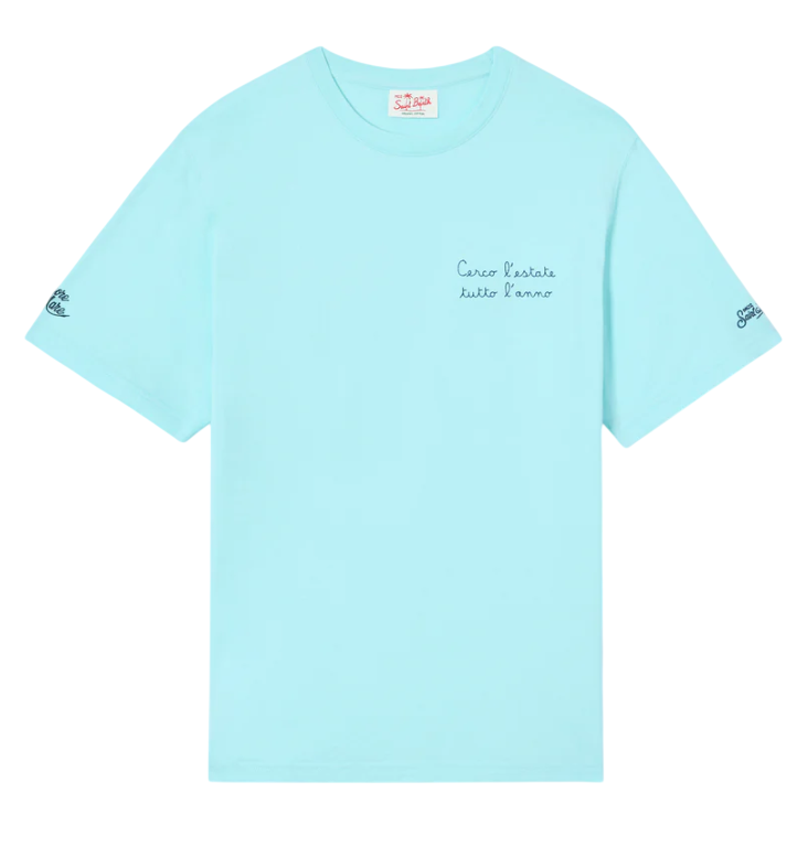 MC2 SAINT BARTH T-SHIRT PORTOFINO TURCHESE CHIARO CON RICAMO CERCO L'ESTATE TUTTO L'ANNO