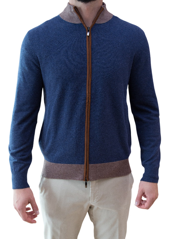 MARK MIDOR CARDIGAN FULL ZIP CON PROFILI E TOPPE BLU SCURO