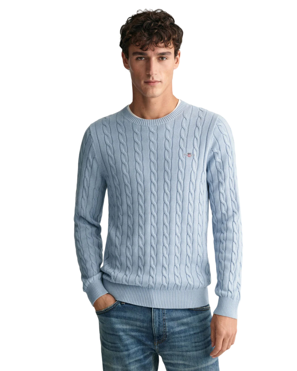 GANT MAGLIA GIROCOLLO IN COTONE A TRECCE CELESTE DOVE BLU