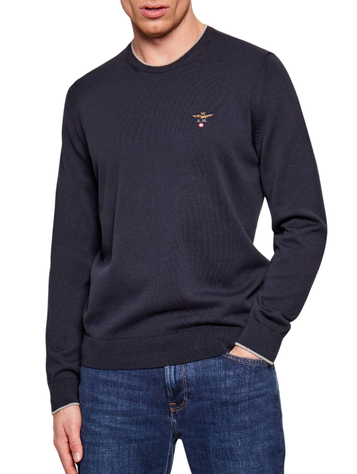 AERONAUTICA MILITARE PULLOVER GIROCOLLO IN COTONE CON RICAMO BLU
