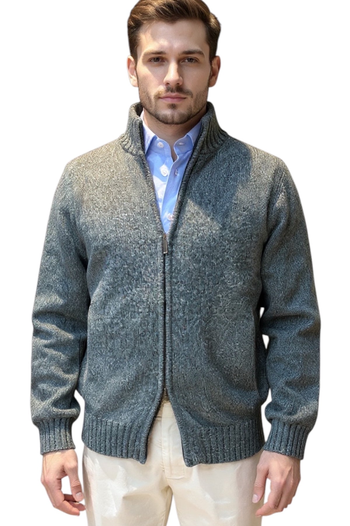 MARK MIDOR CARDIGAN FULL ZIP LANA E CASHMERE E SETA COLORE VERDE MUSCHIO