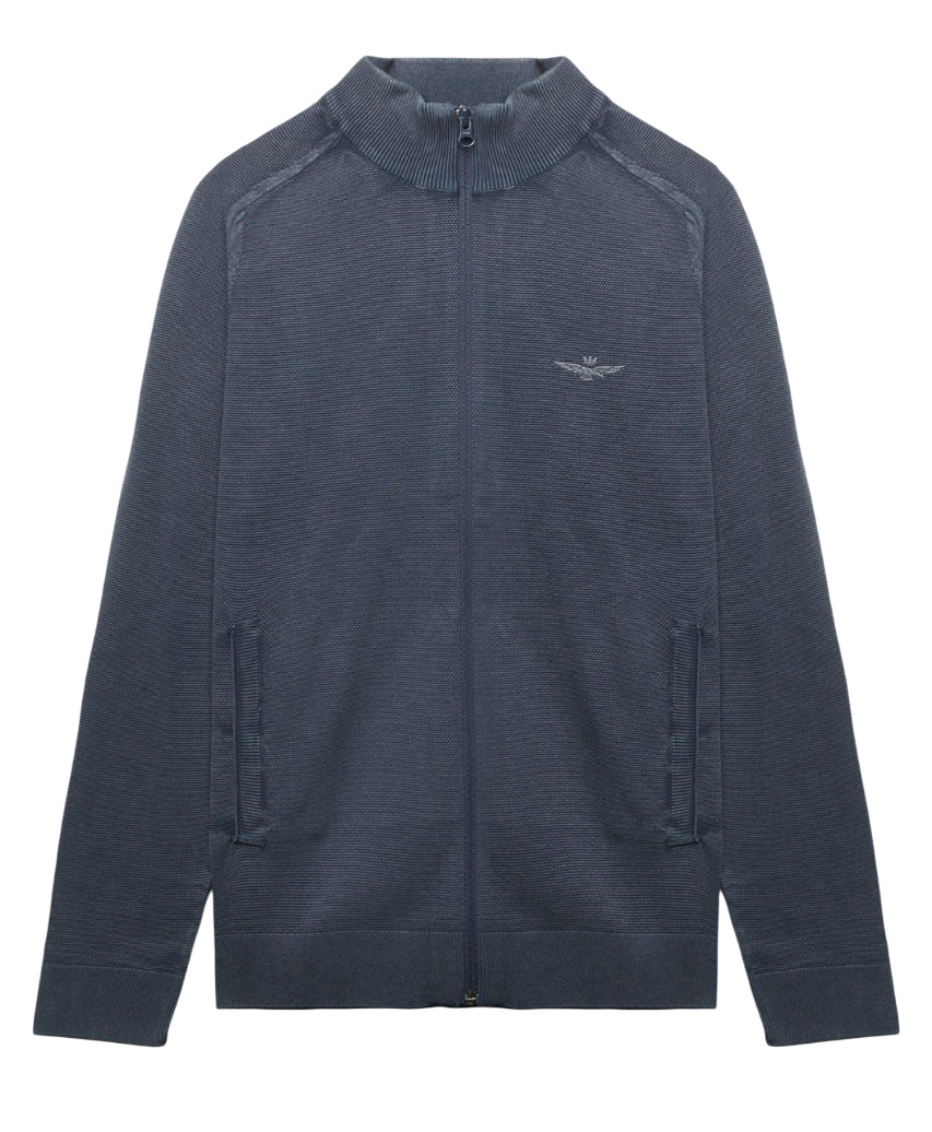 AERONAUTICA MILITARE MAGLIA FULL-ZIP IN COTONE PUNTO RISO BLU NAVY LAVATO