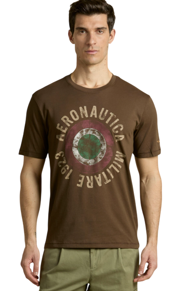 AERONAUTICA MILITARE T-SHIRT IN COTONE CON COCCARDA TRICOLORE MARRONE