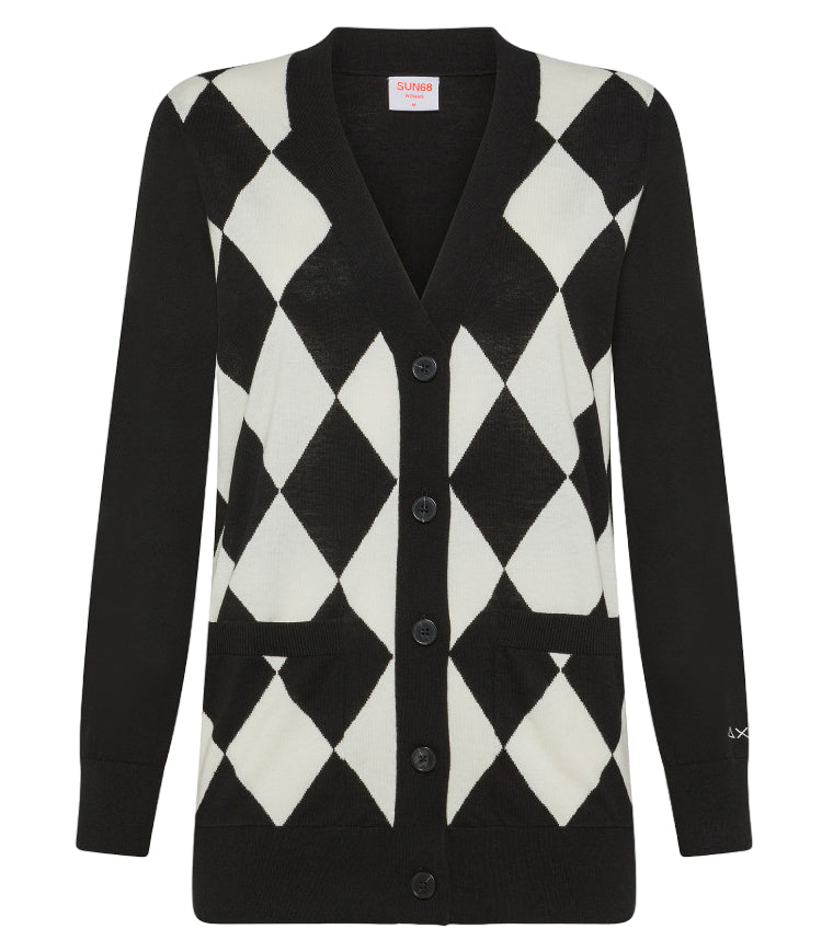 SUN68 CARDIGAN DONNA ARGYLE L/S NERO/BIANCO PANNA