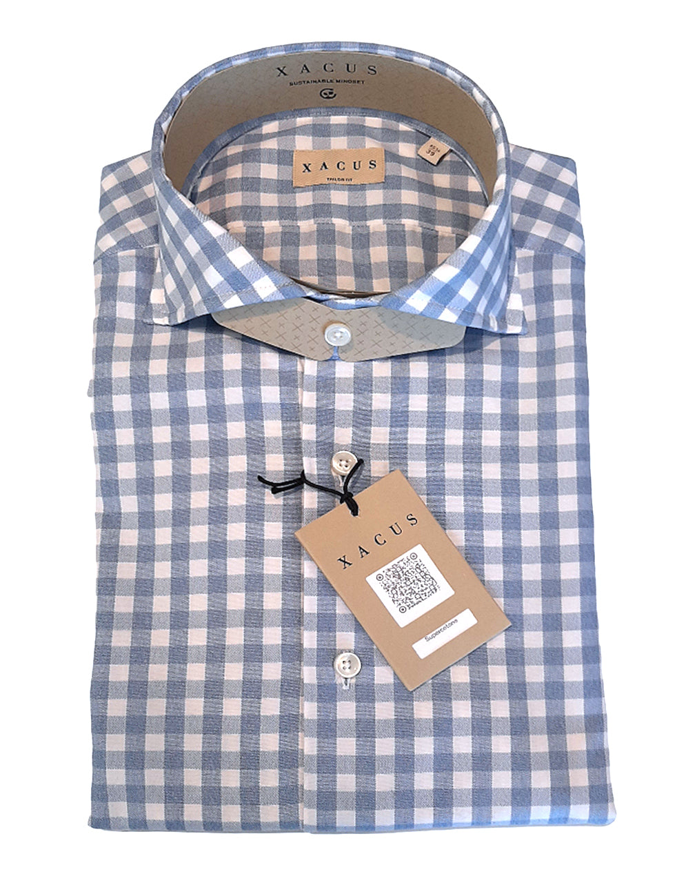 XACUS CAMICIA TAILOR WASHED A QUADRI BIANCO CELESTE