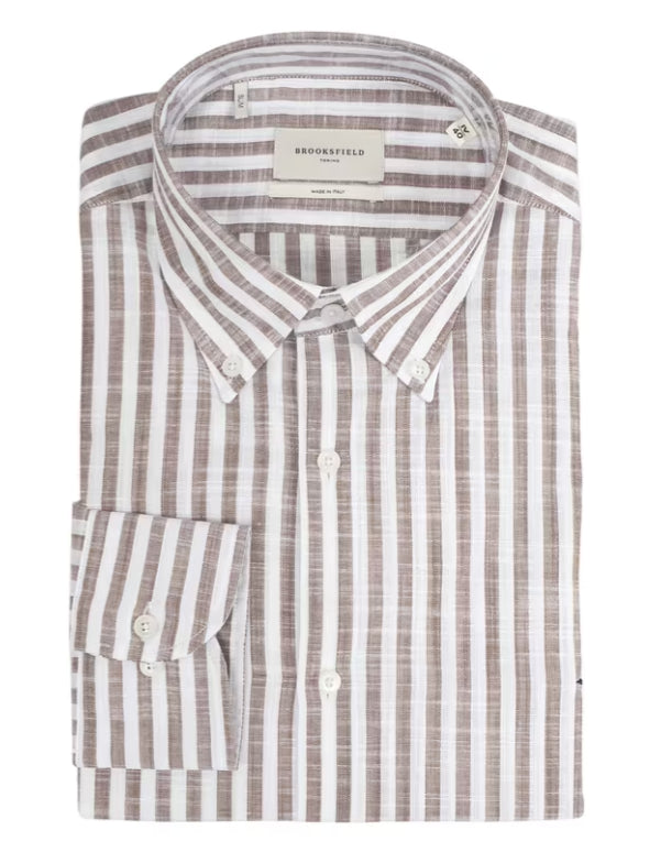 BROOKSFIELD CAMICIA IN COTONE BOTTON DOWN A RIGHE BIANCO MARRONE