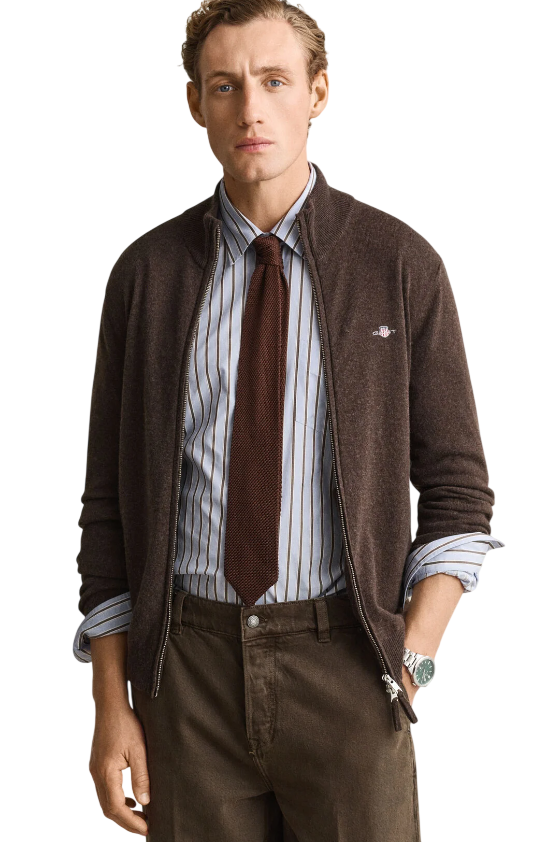GANT UOMO CARDIGAN FULL ZIP IN LANA DARK BROWN MELANGE
