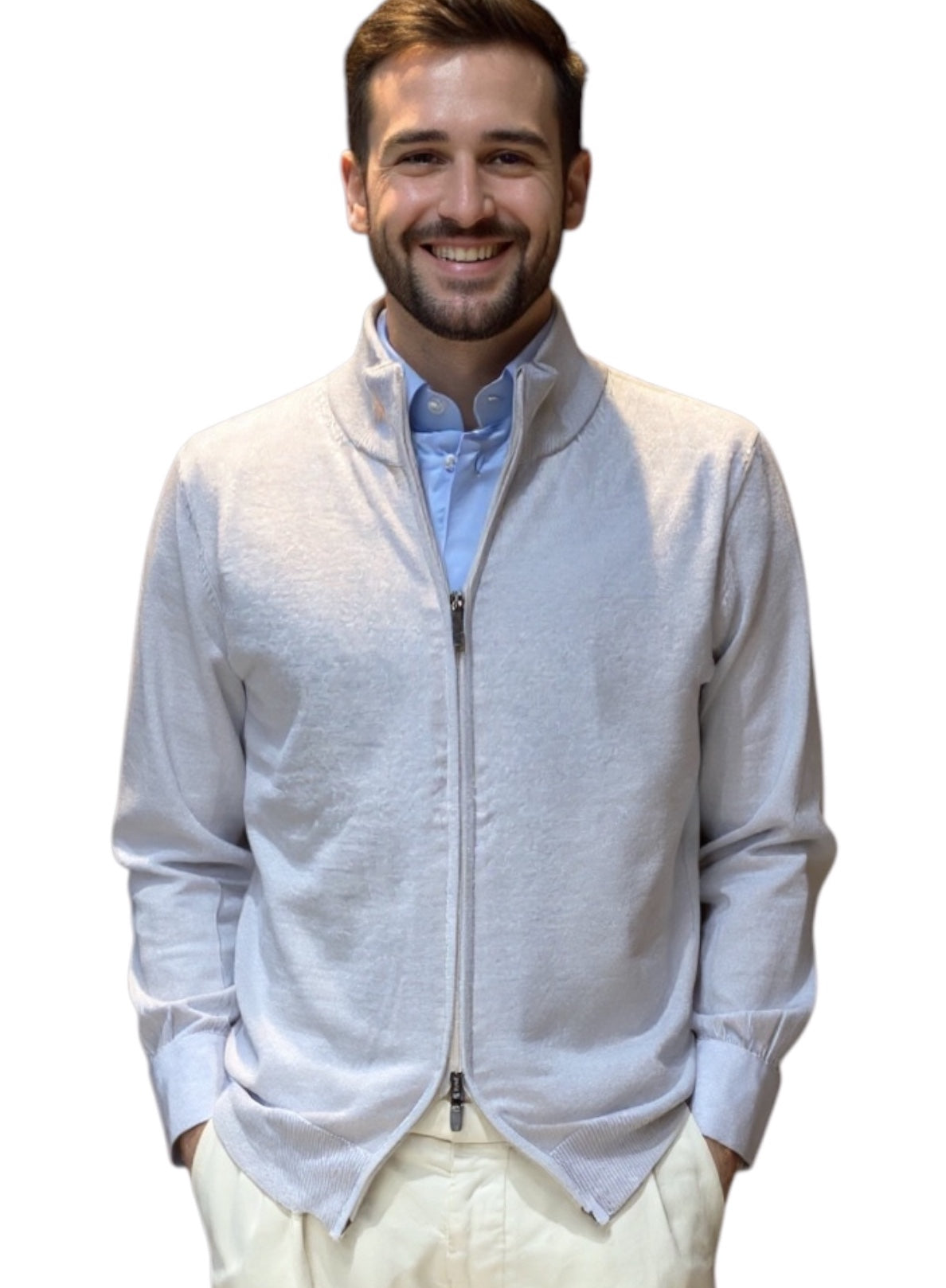 MARK MIDOR CARDIGAN FULL ZIP 100% LANA MERINO EXTRAFINE GRIGIO CHIARO