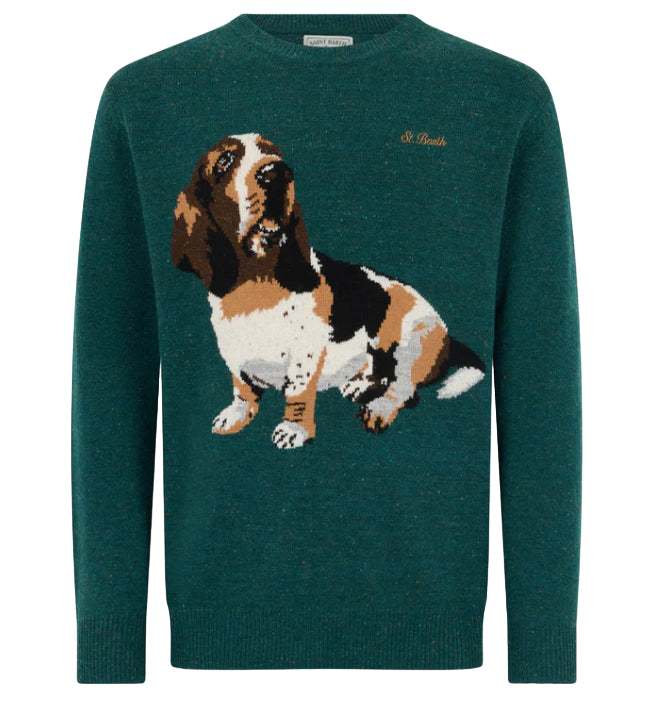 MC2 SAINT BARTH UOMO MAGLIONE VERDE HERON CON STAMPA BASSET