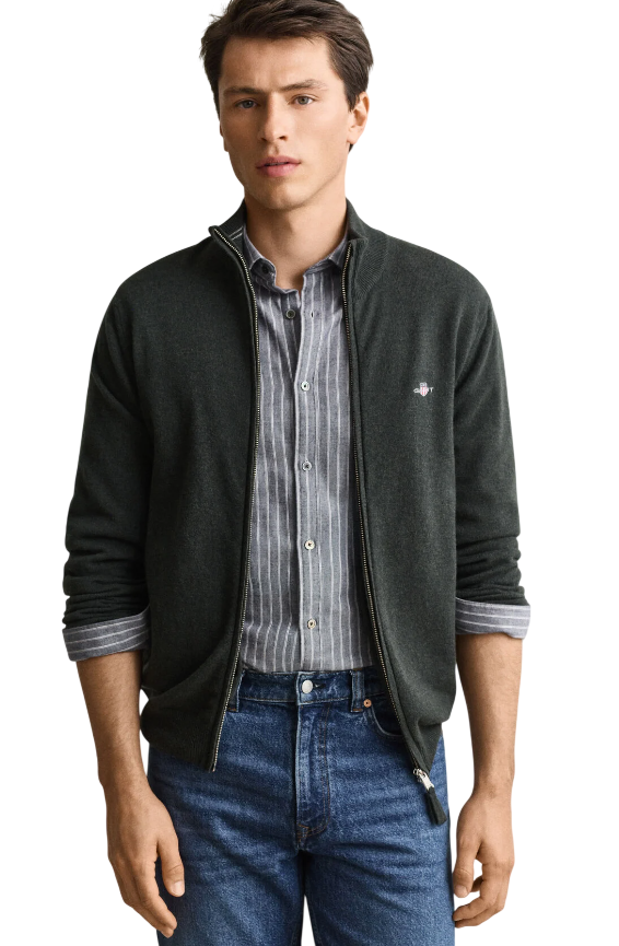 GANT UOMO CARDIGAN FULL ZIP IN LANA DARK MOSS GREEN