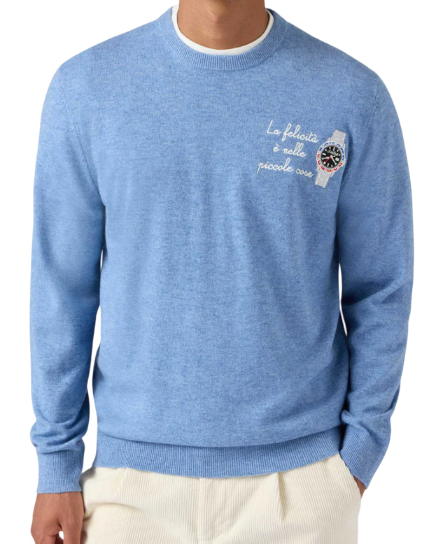 MC2 SAINT BARTH MAGLIONE HERON LIGHT CON RICAMO LA FELICITÀ È NELLE PICCOLE COSE AZZURRO