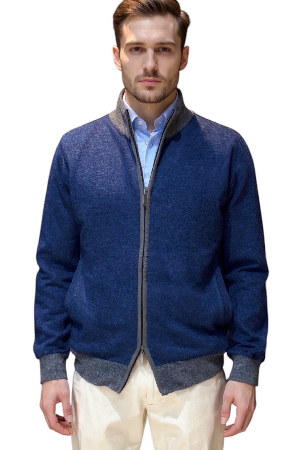 MARK MIDOR CARDIGAN FULL ZIP IN LANA CON PROFILI A CONTRASTO COLORE DENIM GRIGIO