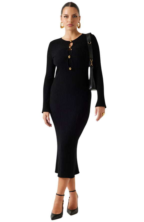 MARCIANO BY GUESS VESTITO BODYCON MIDI IN MAGLIA A COSTINE NERO