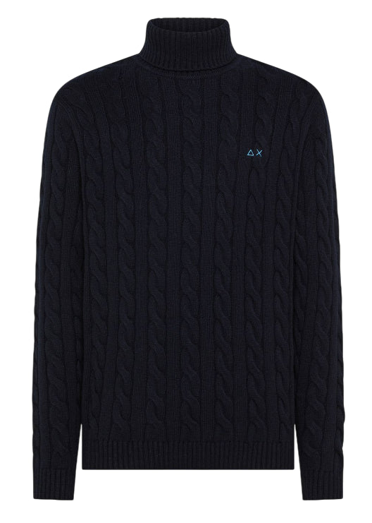 SUN68 MAGLIA UOMO DOLCEVITA IN MISTO LANA A TRECCE NAVY BLUE