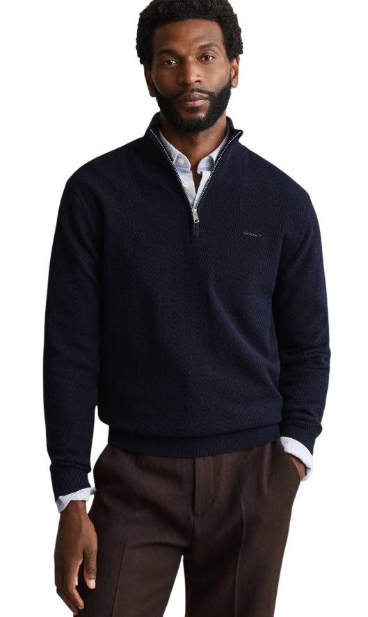 GANT UOMO MAGLIA CON MOTIVO A SPINA DI PESCE E MEZZA ZIP EVENING BLUE