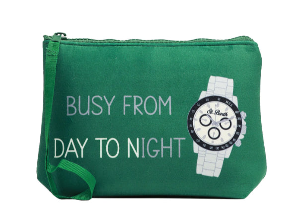 MC2 SAINT BARTH POCHETTE POCHETTE ALINE VERDE CON STAMPA WATCH "BUSY FROM DAY TO NIGHT"