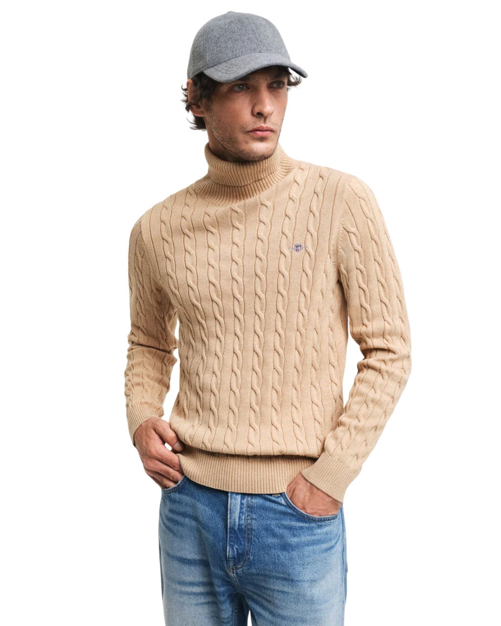 GANT MAGLIA A COLLO ALTO IN COTONE A TRECCE KHAKI MELANGE