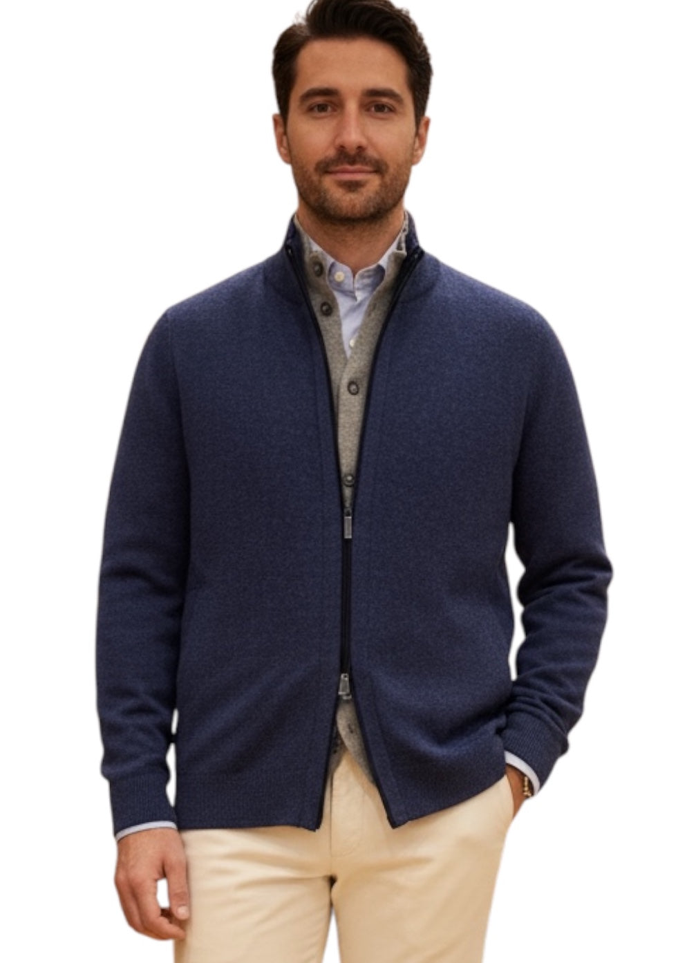 MARK MIDOR MAGLIA FULL ZIP IN LANA CASHMERE BICOLOR DENIM GRIGIO