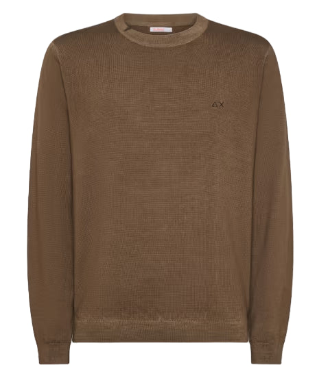 SUN68 MAGLIA ROUND VINTAGE PLAIN IN LANA MERINO MARRONE