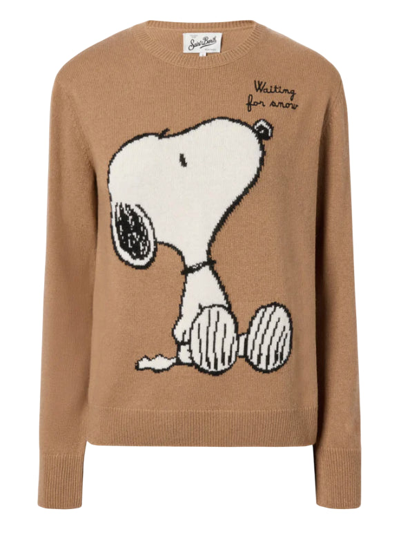 MC2 SAINT BARTH MAGLIONE DONNA NEW QUEEN IN MISTO CASHMERE CAMMELLO CON JACQUARD SNOOPY E RICAMO
