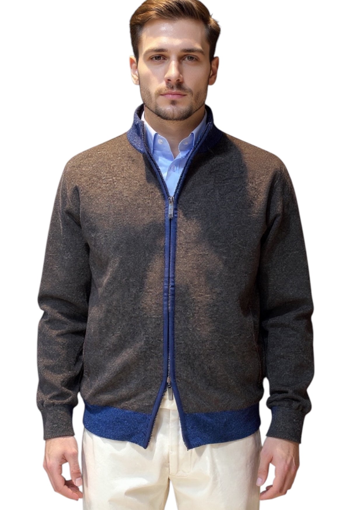 MARK MIDOR CARDIGAN FULL ZIP IN LANA CON PROFILI A CONTRASTO COLORE VISONE