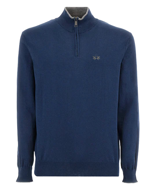 LA MARTINA PULLOVER MEZZA ZIP IN COTONE E LANA BLU NAVY