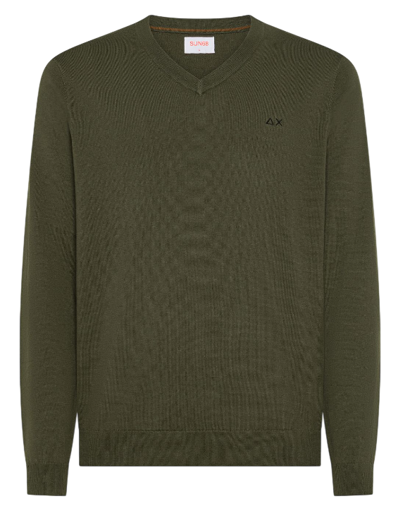 SUN68 UOMO MAGLIA IN LANA E COTONE CON SCOLLO A V COLORE VERDE MILITARE