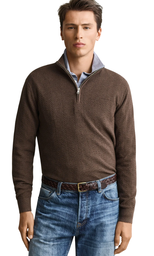 GANT UOMO MAGLIA CON MOTIVO A SPINA DI PESCE E MEZZA ZIP BROWN MELANGE