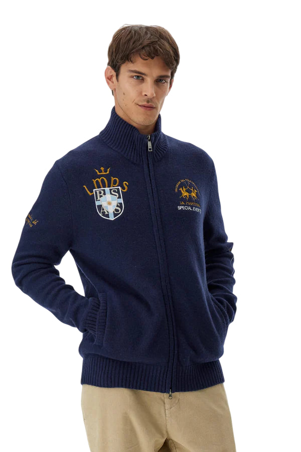 LA MARTINA MAGLIONE UOMO FULL ZIP LAMBSWOOL POLO PLAYER BLU