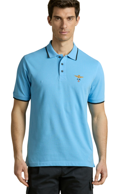 AERONAUTICA MILITARE POLO IN PIQUE' DI COTONE CON LOGO AZZURRO TURCHESE