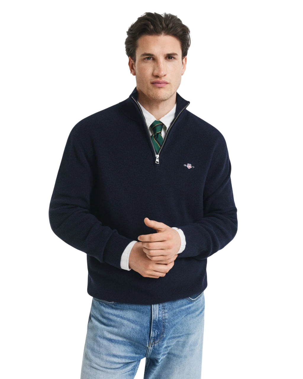 GANT MAGLIA CON ZIP CORTA IN COTONE E LANA MERINO A COSTE EVENING BLUE