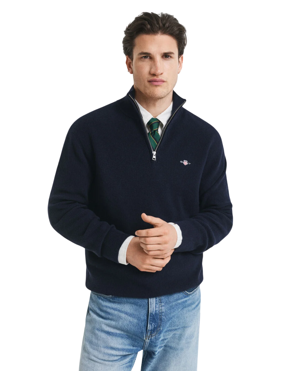 GANT MAGLIA CON ZIP CORTA IN COTONE E LANA MERINO A COSTE EVENING BLUE