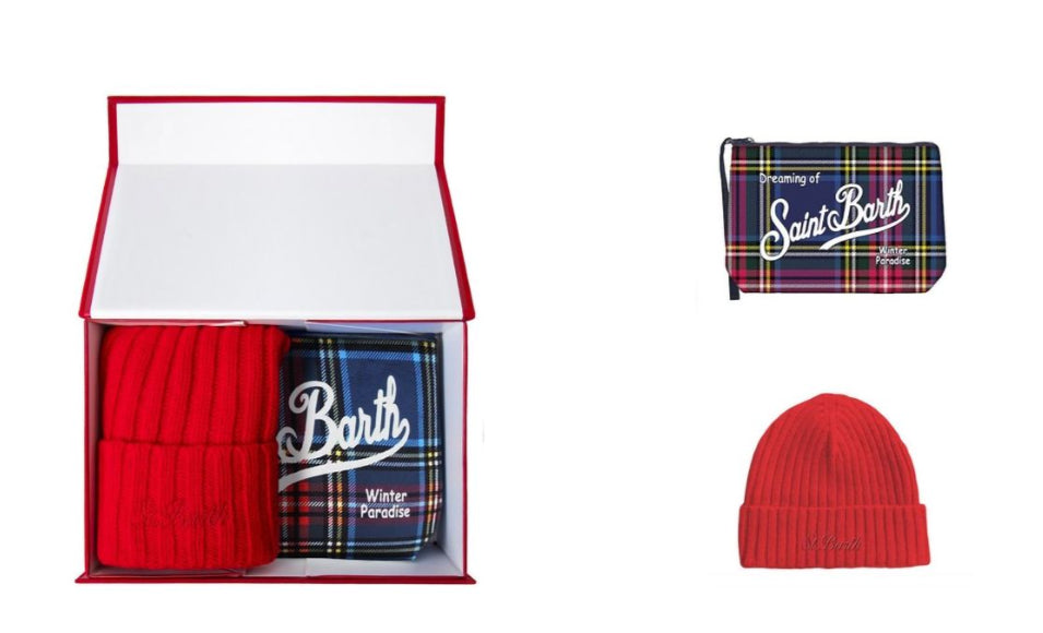 MC2 SAINT BARTH CHRISTMAS BOX CAPPELLO E POCHETTE ROSSO TARTAN