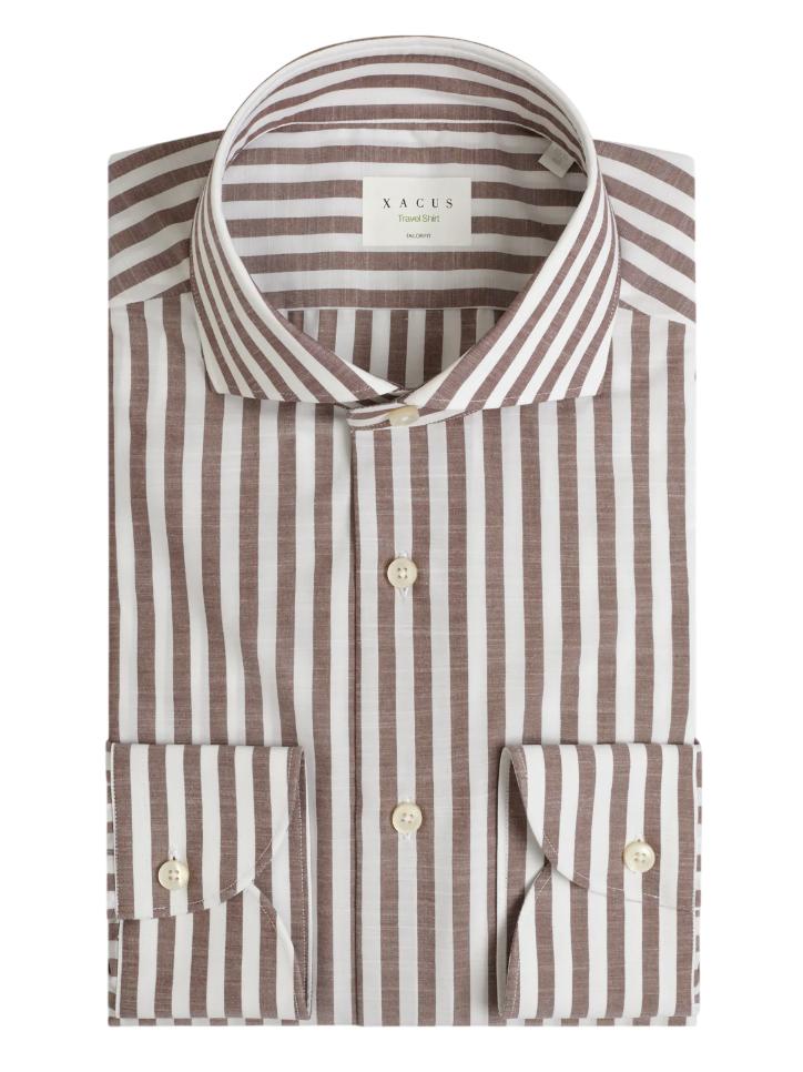 XACUS CAMICIA TRAVEL SHIRT COLLO FRANCESE RIGHE POPELINE MARRONE