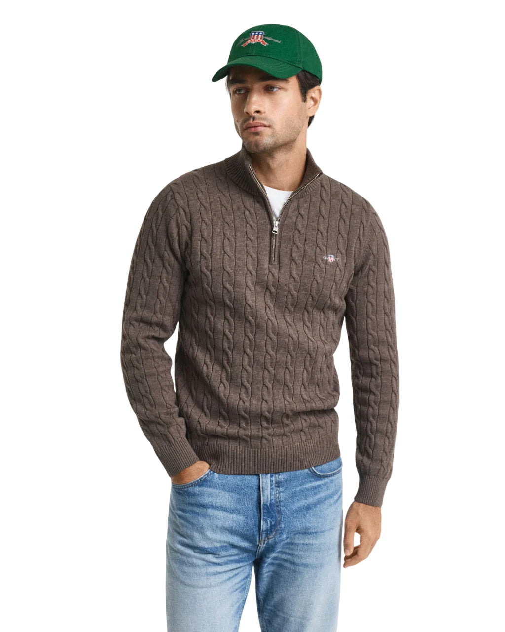 GANT MAGLIA CON ZIP CORTA IN COTONE A TRECCE SEAWOOD MELANGE