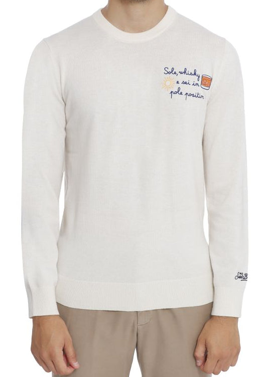 MC2 SAINT BARTH MAGLIONE A GIROCOLLO HERON LIGHT CON RICAMO SOLE WHISKY BIANCO