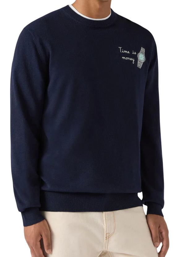 MC2 SAINT BARTH MAGLIONE HERON LIGHT CON RICAMO OROLOGIO TIME IS MONEY BLU