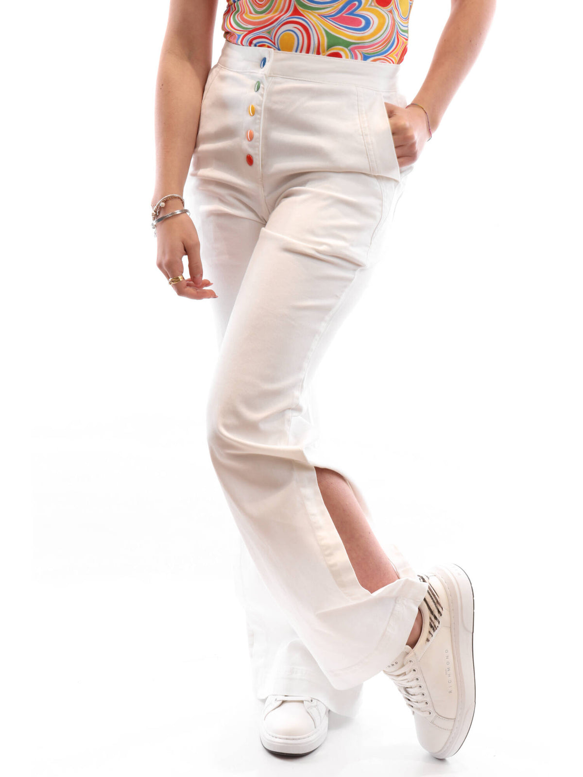 LOVE MOSCHINO PANTALONE FLARE IN GABARDINA STRETCH RAINBOW BUTTONS
