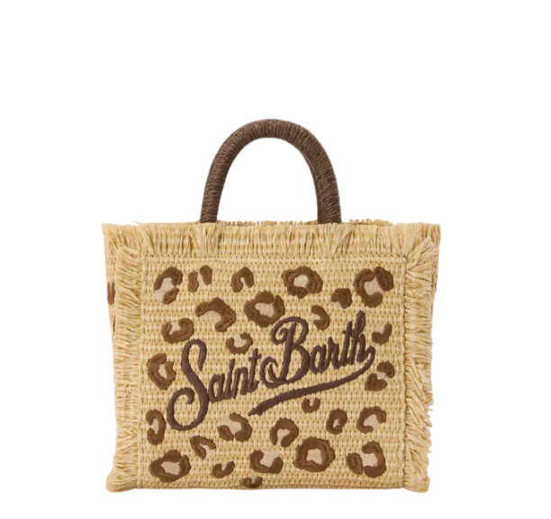 MC2 SAINT BARTH BORSA VANITY MINI IN TESSUTO EFFETTO PAGLIA CON RICAMO LEOPARDATO