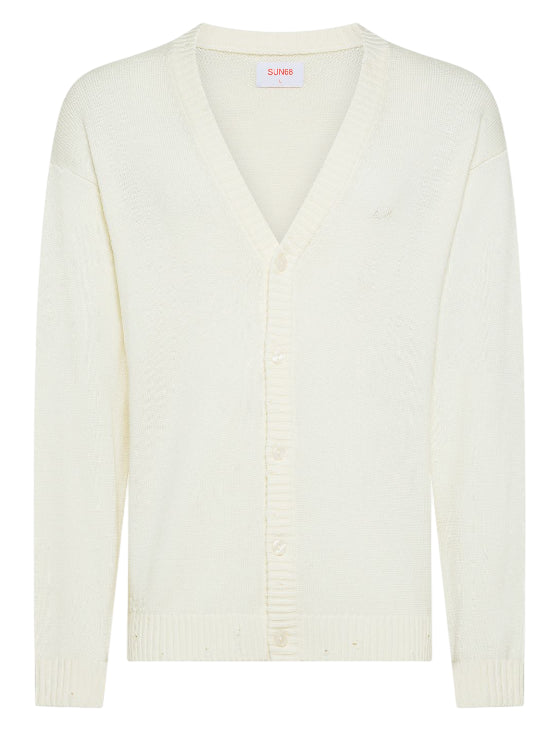 SUN68 UOMO CARDIGAN IN LANA EFFETTO VINTAGE BIANCO PANNA