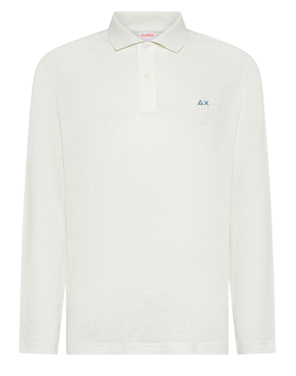 SUN68 UOMO POLO A MANICHE LUNGHE IN LINO BIANCO PANNA