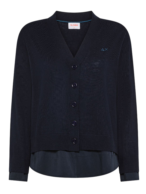 SUN68 CARDIGAN DONNA IN LANA E COTONE CON INSERTO COLORE NAVY BLUE