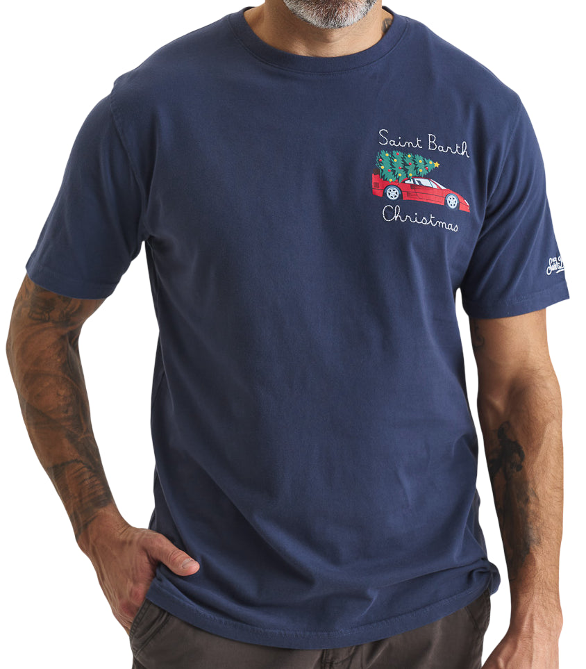 MC2 SAINT BARTH T-SHIRT CON RICAMO NATALIZIO BLU .