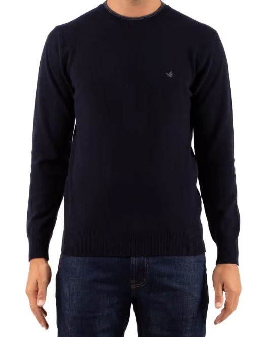 BROOKSFIELD MAGLIA GIROCOLLO RIGHINO A CONTRASTO IN LANA BLU SCURO