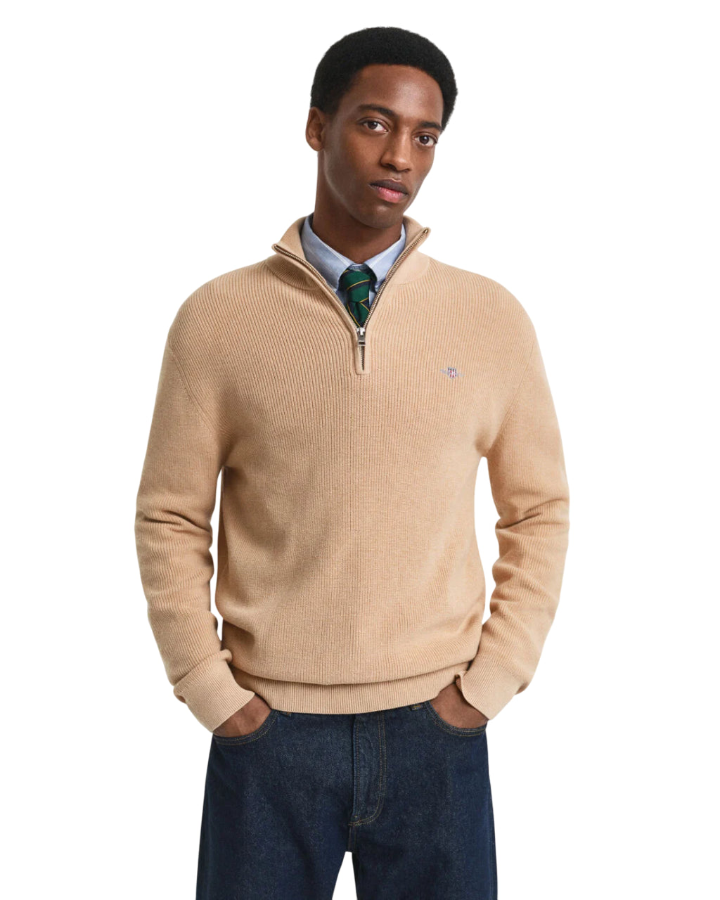 GANT MAGLIA CON ZIP CORTA IN COTONE E LANA MERINO A COSTE KHAKI MELANGE