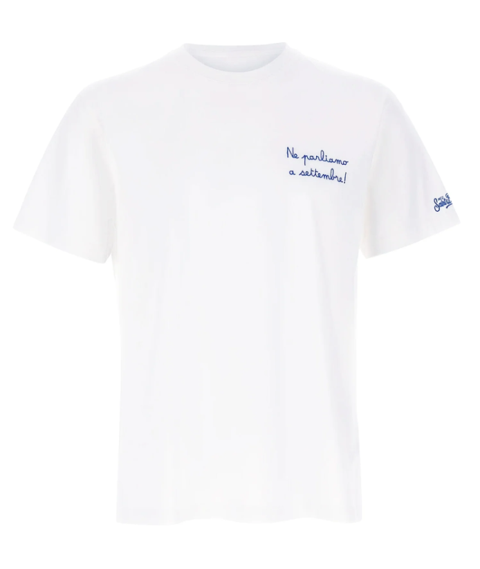 MC2 SAINT BARTH T-SHIRT CON RICAMO BLU NE PARLIAMO A SETTEMBRE COLORE BIANCO