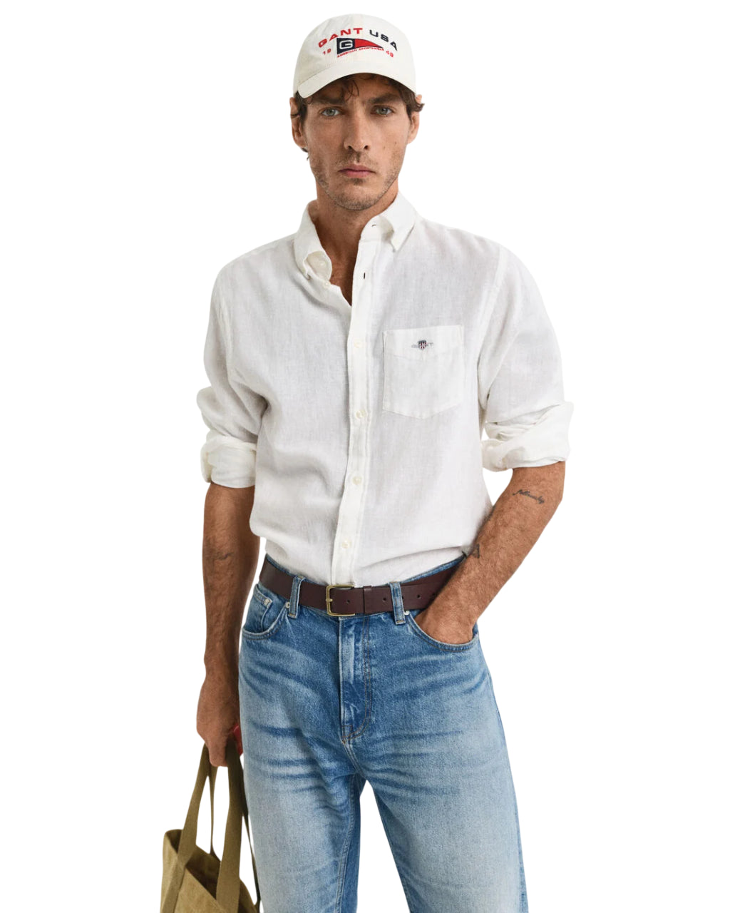GANT UOMO CAMICIA IN LINO COTONE REGULAR WHITE